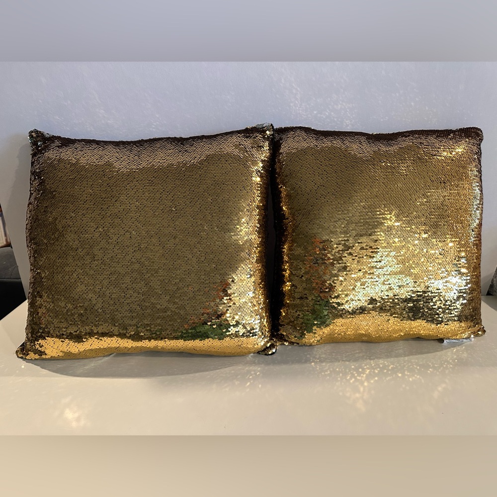 Gold/Silver Reversible Sequined 16” Square Decorative Pillows (Set of 2)
